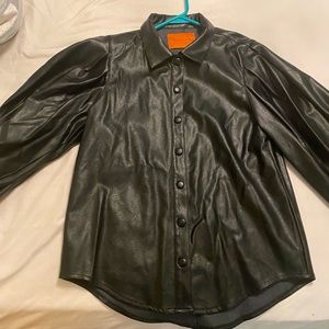 Black Faux Leather Puff Sleeve Button Down